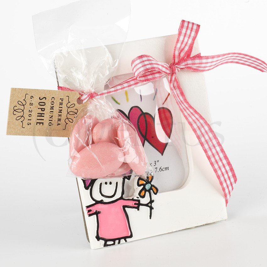Portafotos pequeño nena toy ¨flor¨ con bolsa celofana y peladillas + lazo